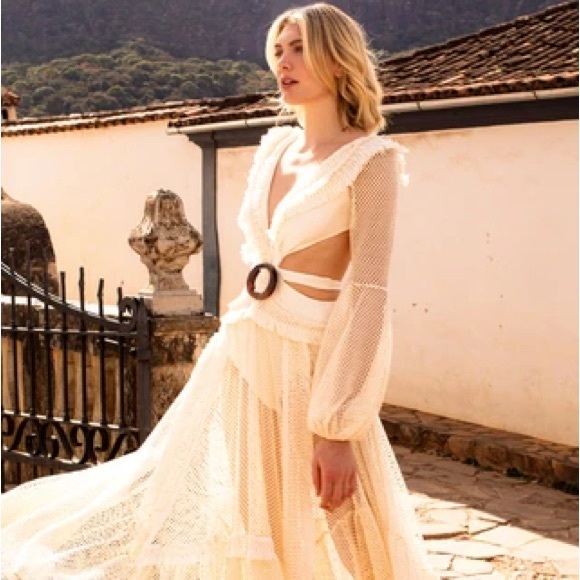 PATBO LONG SLEEVE FRINGE BEACH MAXI IVORY DRESS SMALL - Picture 7 of 12